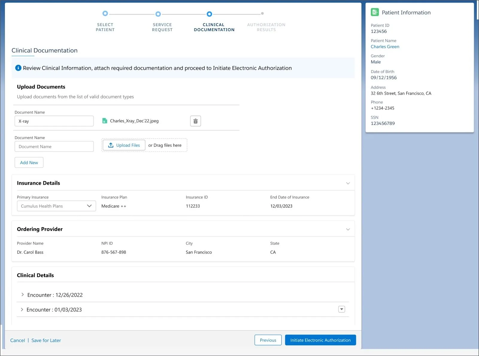 Charles’s documents and insurance information added during the clinical documentation step.
