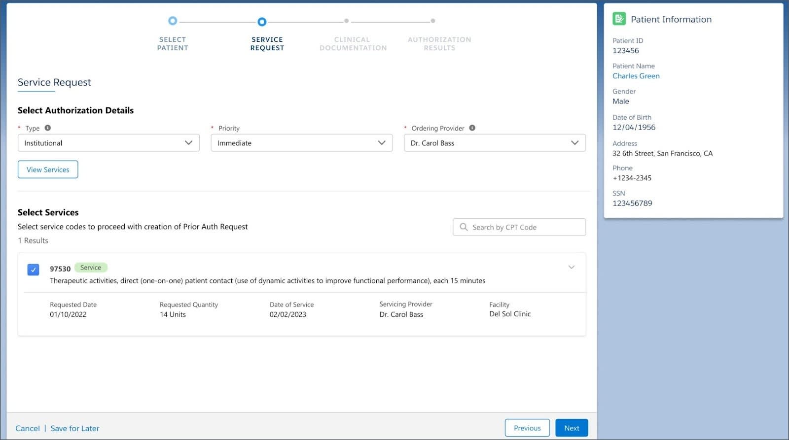 The Service Request screen displaying the authorization details and services for the request.