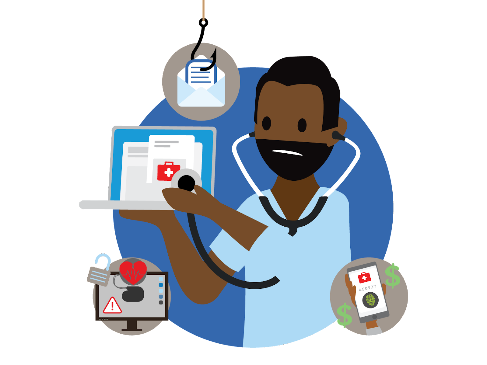 A doctor holding up a stethoscope to a computer that’s surrounded by healthcare threat tactics: a fishing hook for phishing, an encrypted device with dollar signs for ransomware, and more