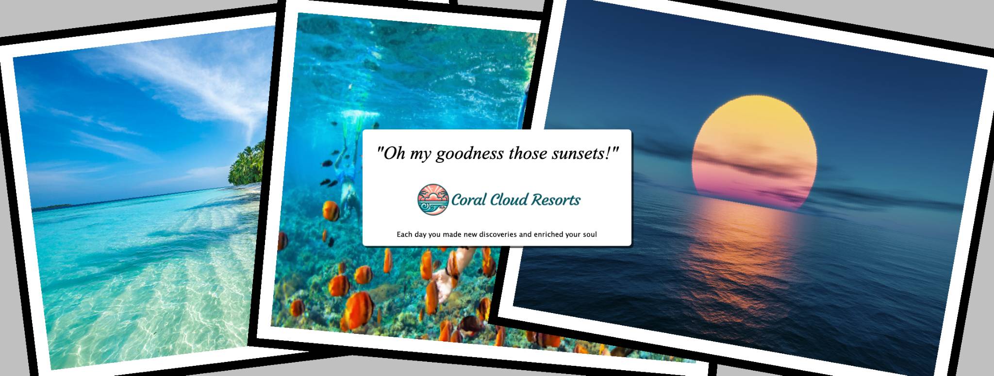 A customer review showing three tropical vacation photos and positive customer sentiment saying, “Oh my goodness those sunsets!”