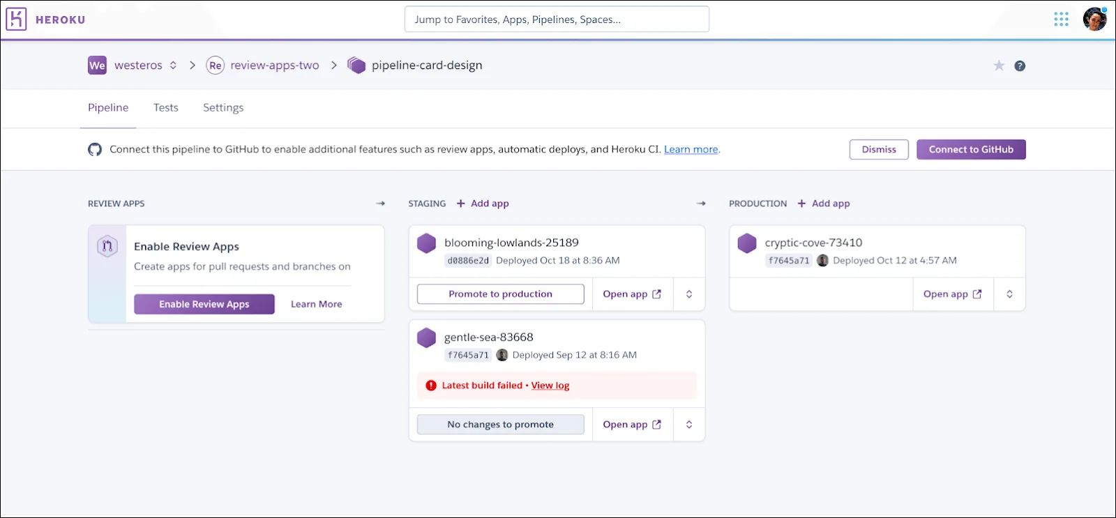 Pipeline overview page showing apps in the review apps, staging, and production stages