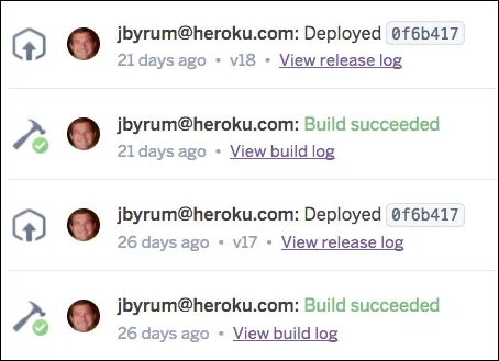 Activity feed for a Heroku app showing successful builds and releases.