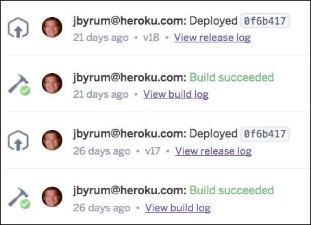 Fuente de actividad para una aplicación Heroku que muestra compilaciones y versiones correctas.