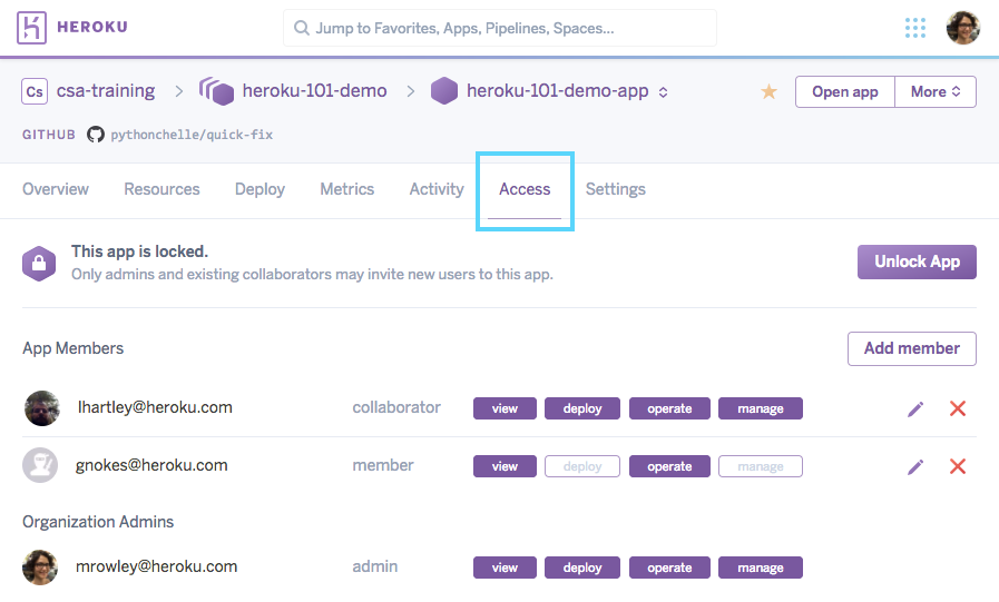 Heroku App Access Tab