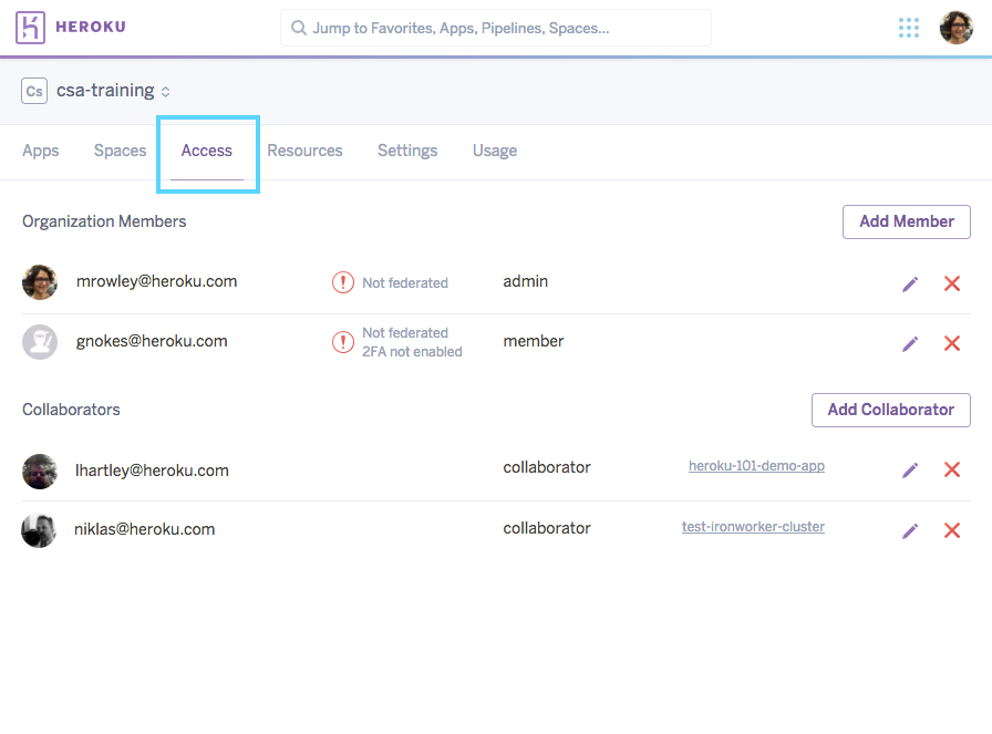 Heroku Organization Access Tab