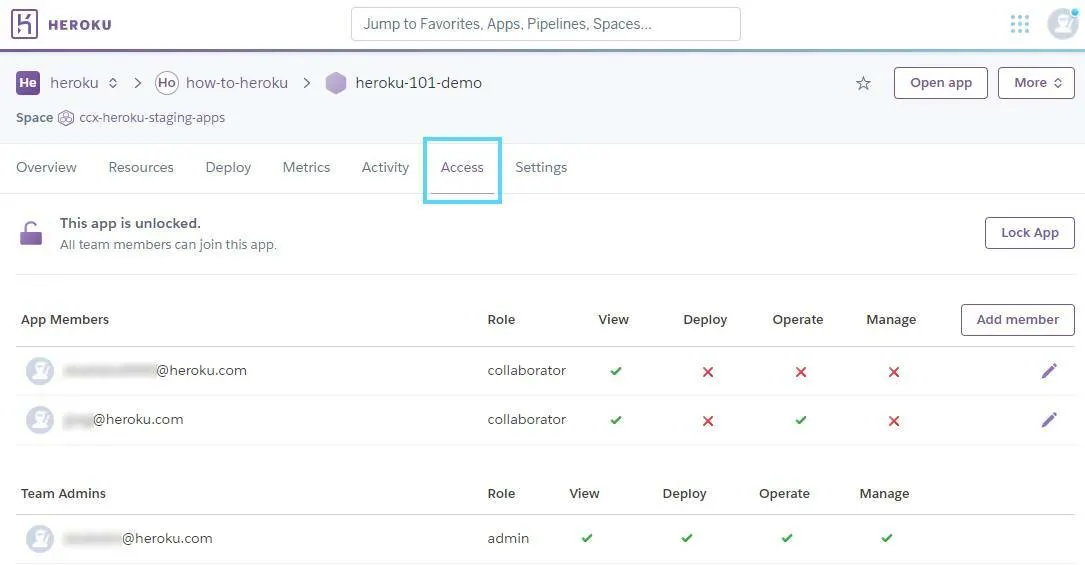 Registerkarte 'Access' der Heroku-Anwendung