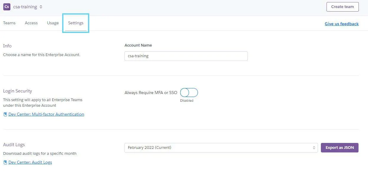 Ficha Settings (Configuración) de la organización