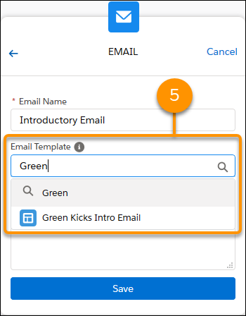 Choosing an email template for the email step.
