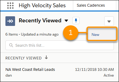 Choosing the New action in the Sales Cadences tab.