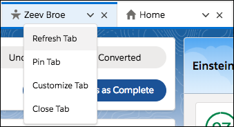 Screenshot of the dropdown menu on a tab in the Lightning Console