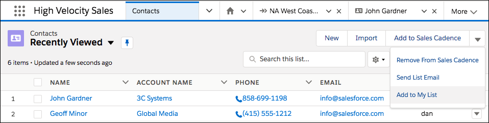 Table view of Contacts with action dropdown options