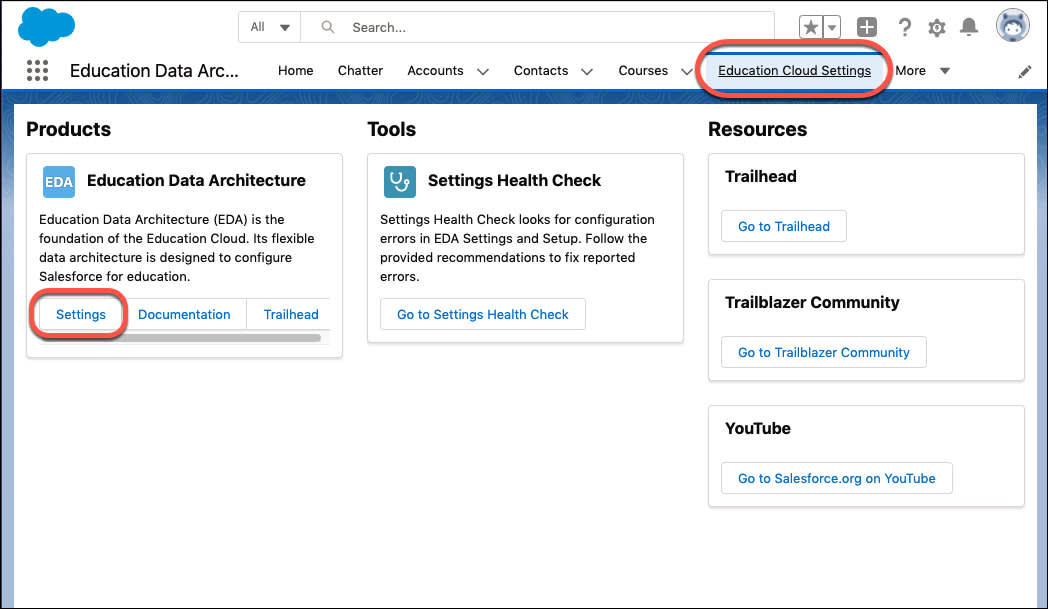 Select the Settings button for EDA in the Education Cloud Settings tab.