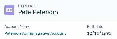 Contact record for Pete Peterson, created using the administrative account model.