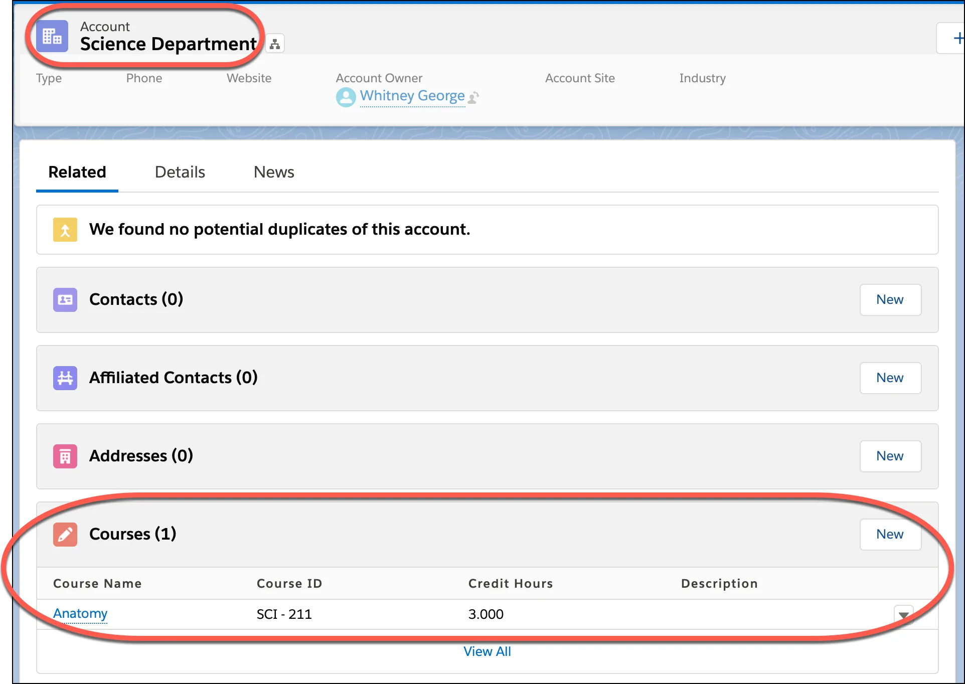 Account record for Science Department with Courses highlighted.