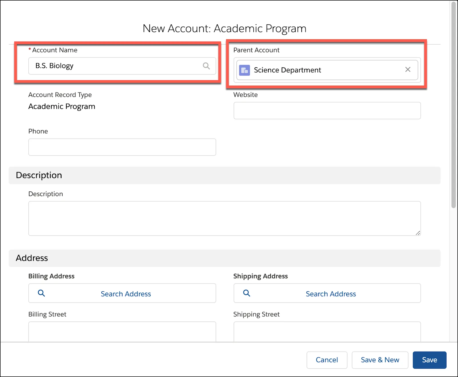 Account record for New Account: Academic Program, B.S. Biology, with the academic program and academic department highlighted.