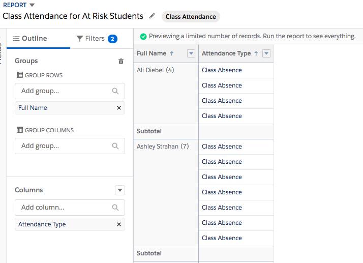 Vista previa del reporte de Asistencia a clases para estudiantes en situación de vulnerabilidad