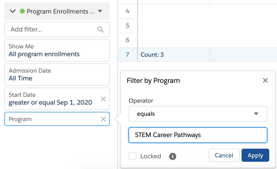 Add a Filter by Program where Operator equals STEM Career Pathways.
