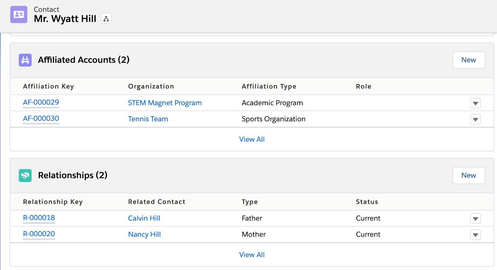 Contact record for student Wyatt Hill, showcasing his Affiliated Accounts and Relationships