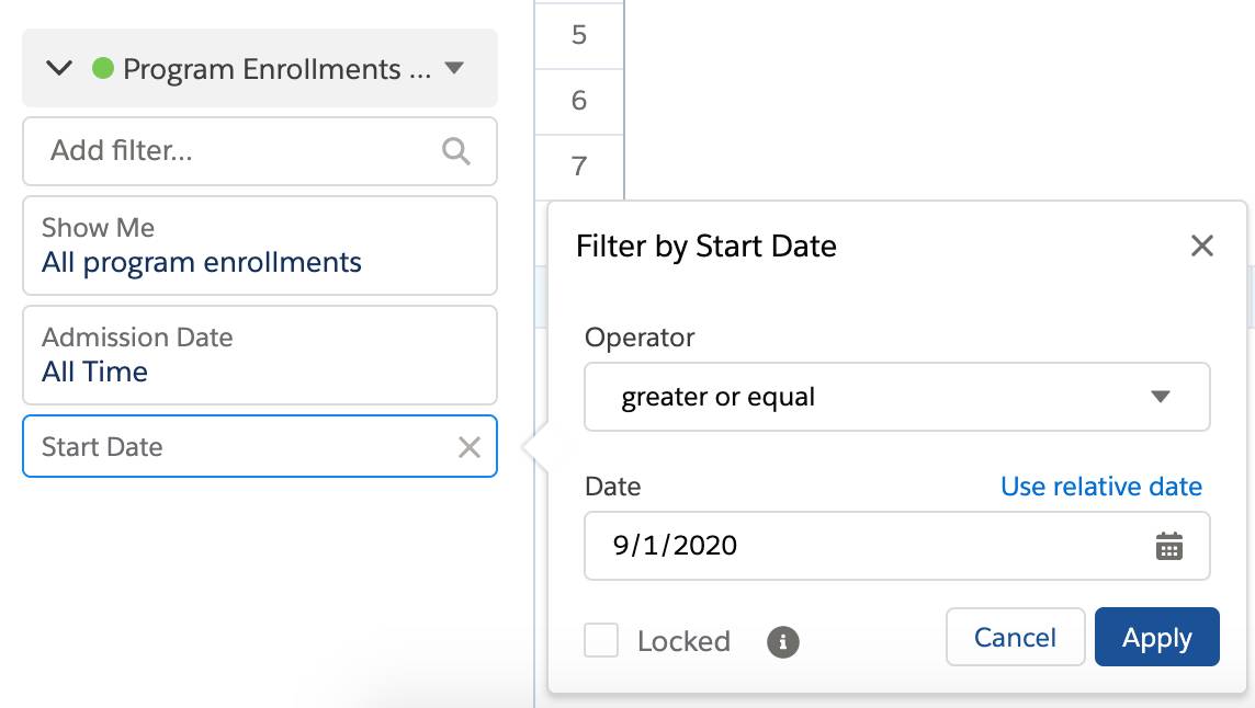 Add a Filter by Start Date where the start date is greater or equal to 9/1/2020.