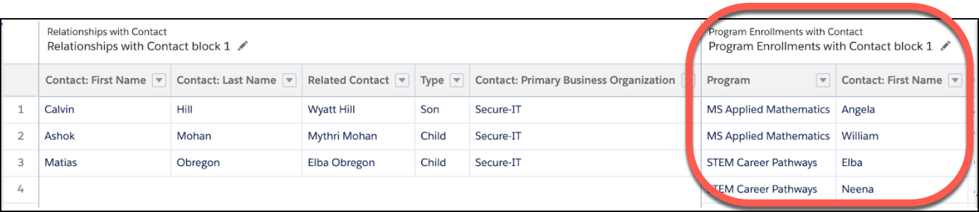 Report preview with the added block for Program Enrollment with Contact block 1