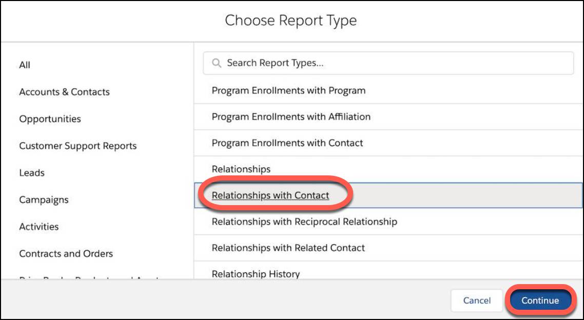 Seleccione el tipo de reporte Relaciones con contacto y haga clic en Continuar.