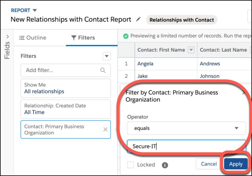 Filtre por Contacto: Organización comercial principal, donde la organización es Secure-IT. Haga clic en Aplicar para guardar el filtro.