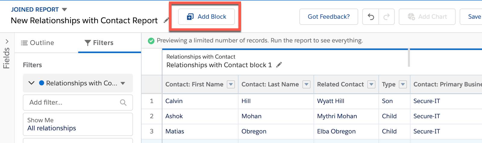 結合レポートプレビューで [ブロックを追加] をクリックします。