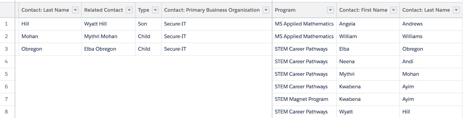 [取引先責任者が関連するプログラム登録] ブロックに項目をドラッグして追加または削除した後のレポートプレビュー