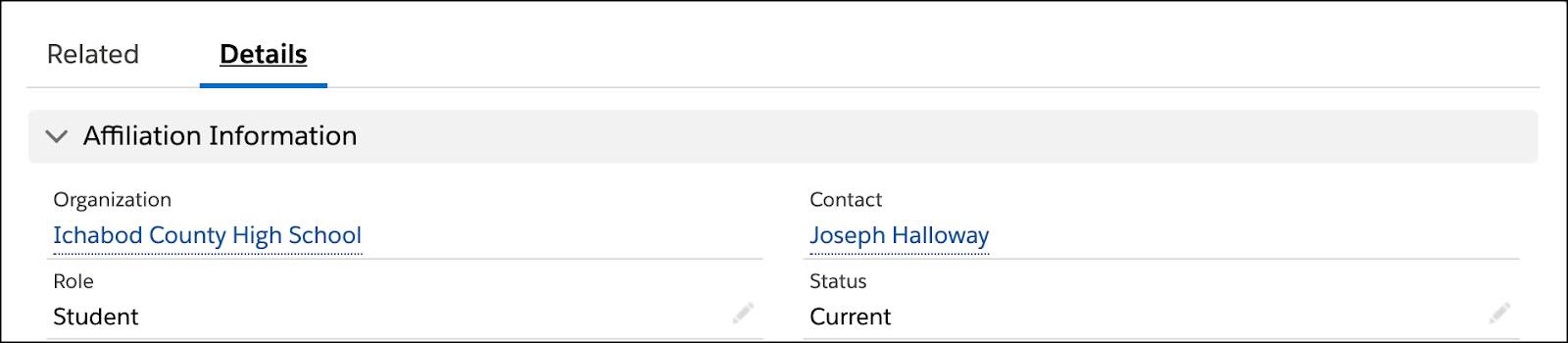 Contact record for prospective student Joseph Halloway showing two affiliations: his current high school and his prospective major of study.