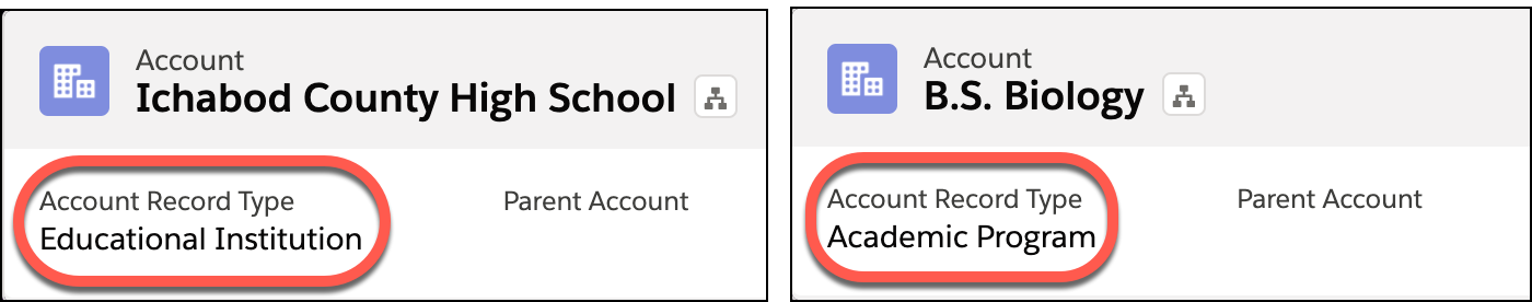 Account Record Types highlighted on affiliated accounts.