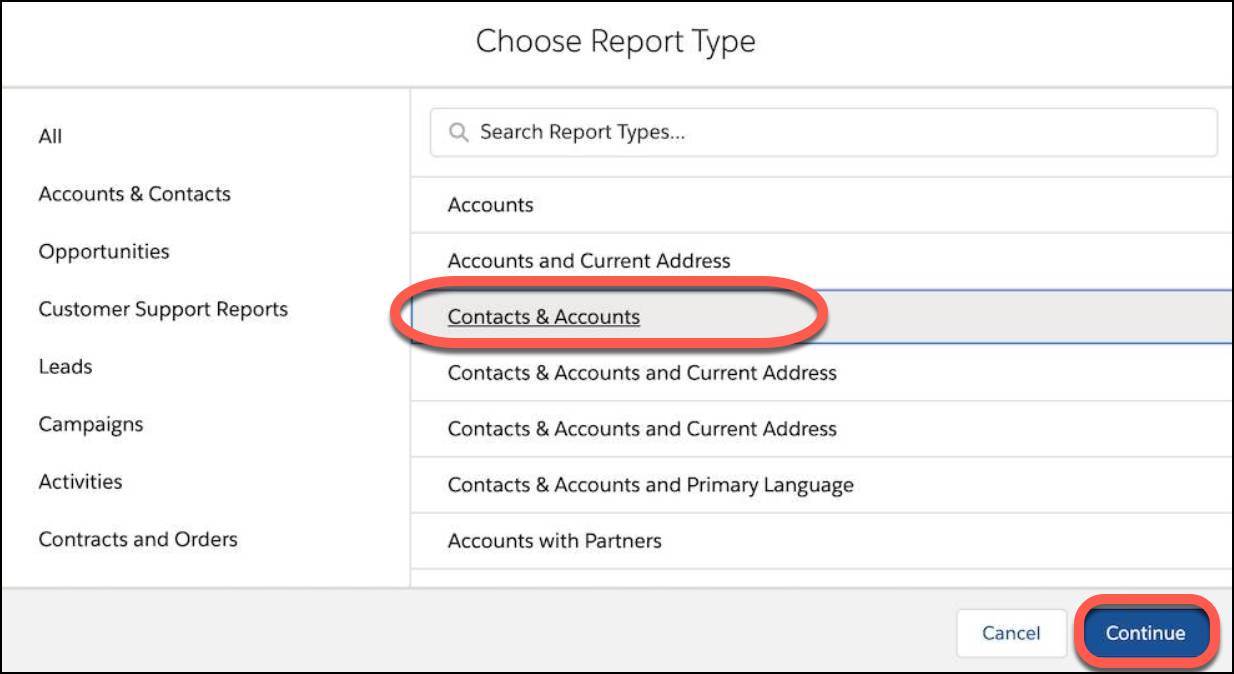 Seleccione el tipo de reporte Contactos y cuentas, y haga clic en Continuar.