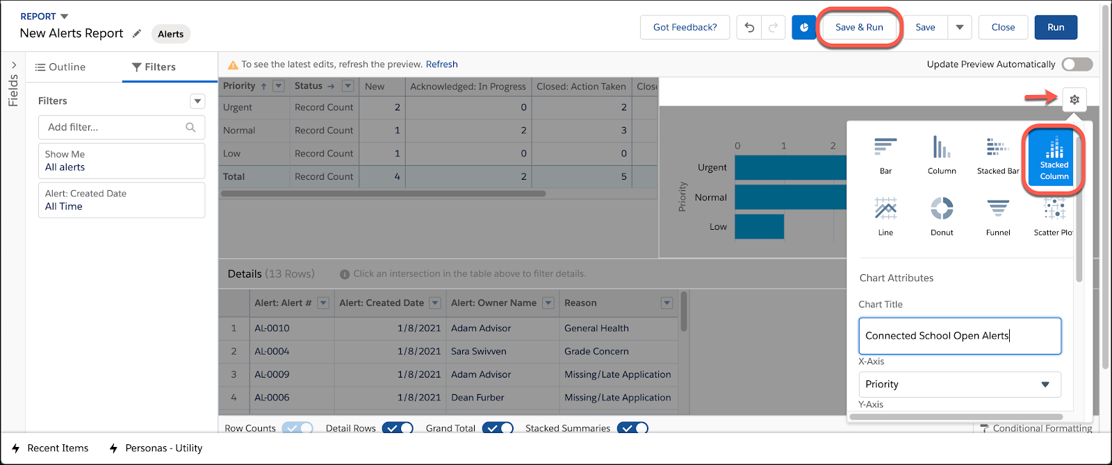 Stacked Column chart type button in Chart Properties and Save & Run button on the report menu bar