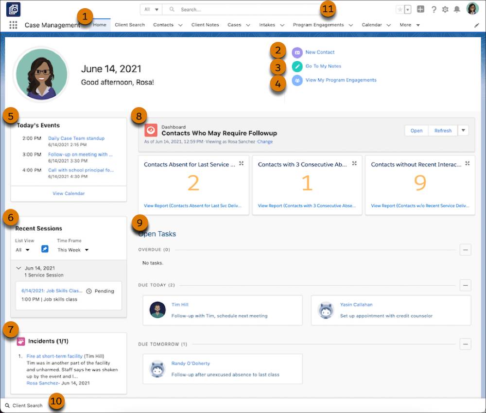 The Case Management home page with the following components labeled.