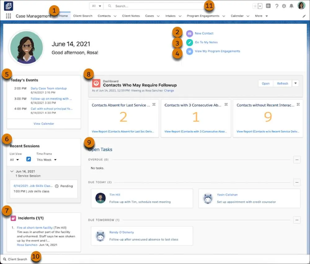 La page d’accueil de Case Management avec les composants suivants étiquetés.
