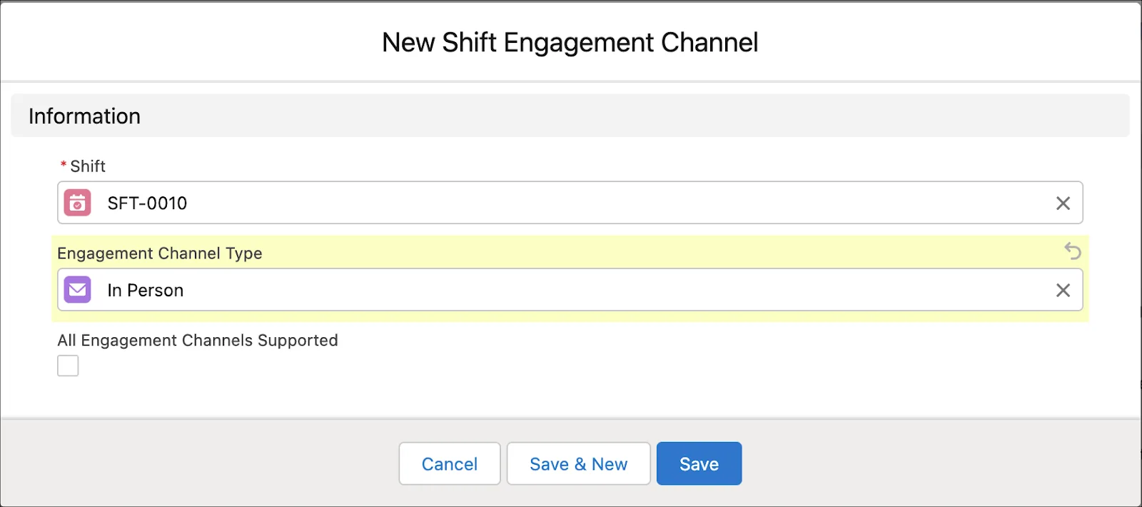 The New Shift Engagement Channel window with In Person selected as the engagement channel.