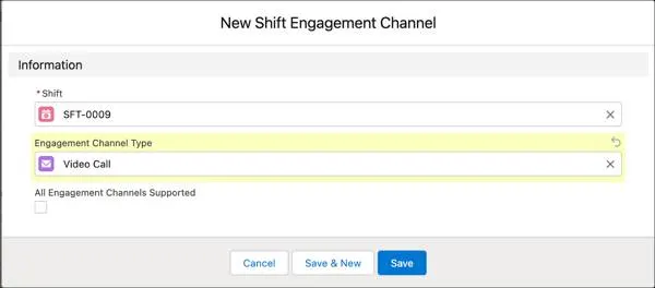 The New Shift Engagement Channel window with Video Call selected as the engagement channel.