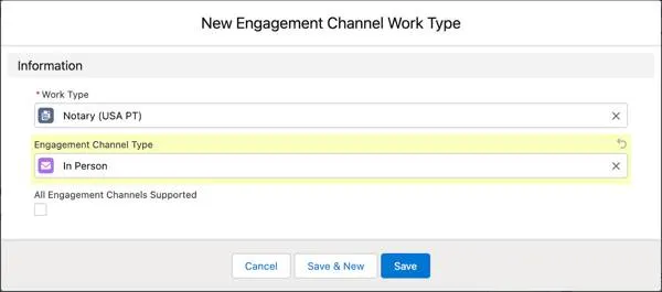 The New Engagement Channel Work Type window with In Person selected as the engagement channel type.