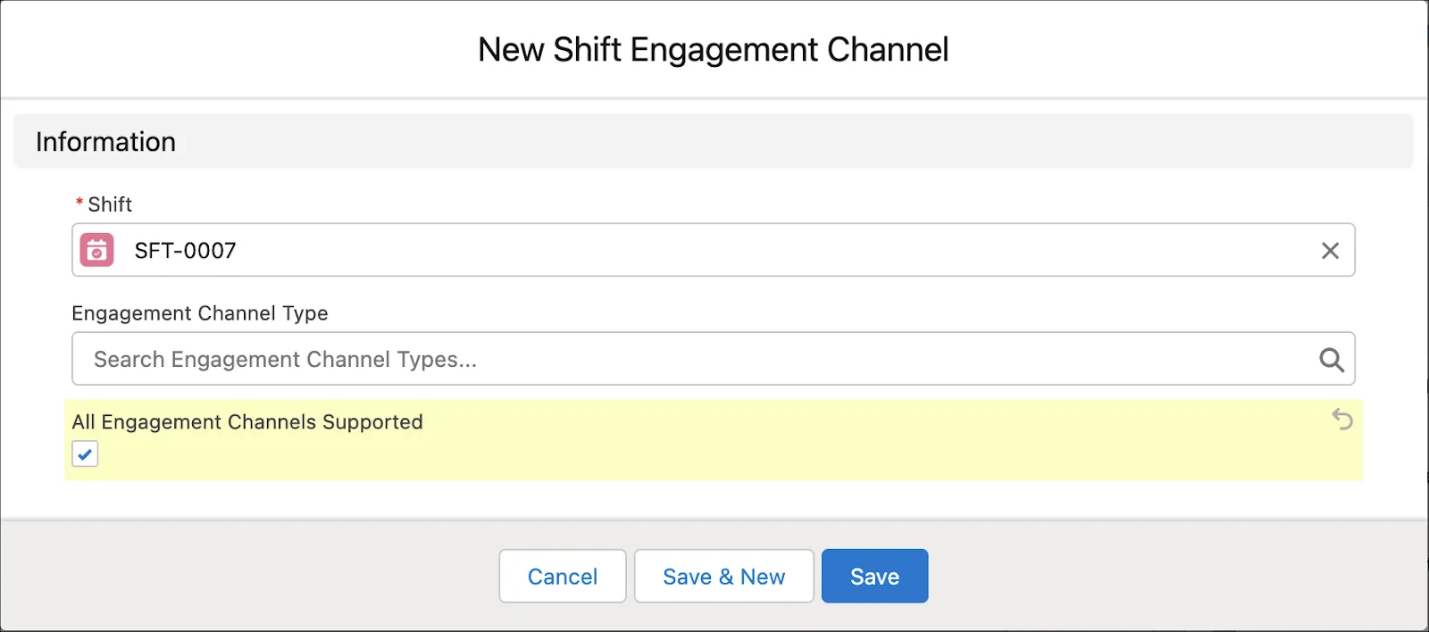 The New Shift Engagement Channel window with the All Engagement Channels Supported checkbox selected.