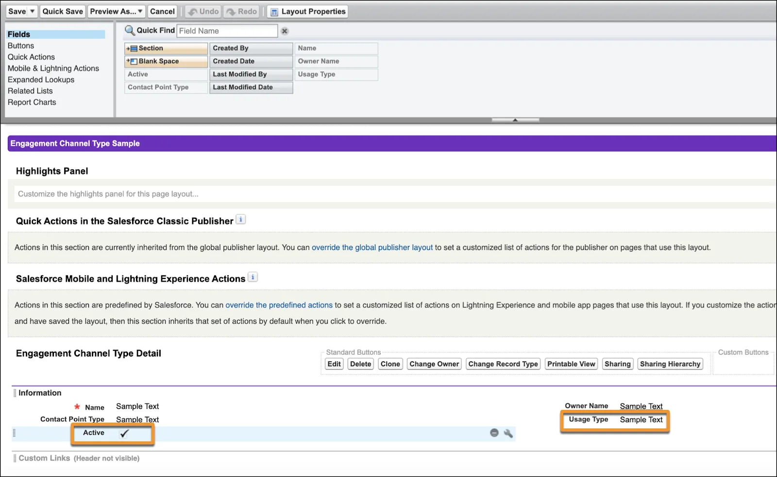 The Engagement Channel Type Layout page with the Active and Usage Type fields highlighted.