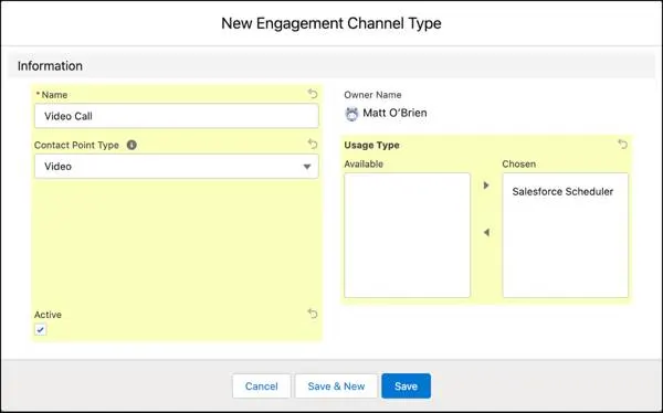 The New Engagement Channel Type window.