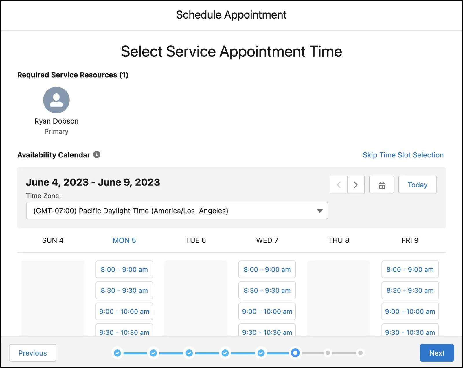 The Select Service Appointment Time screen showing time slots for Monday, Wednesday, and Friday.