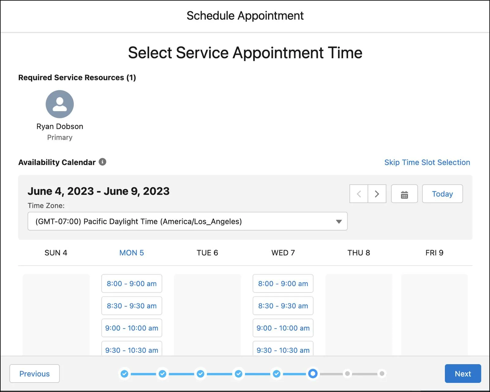 The Select Service Appointment Time screen showing time slots only for Monday and Wednesday.