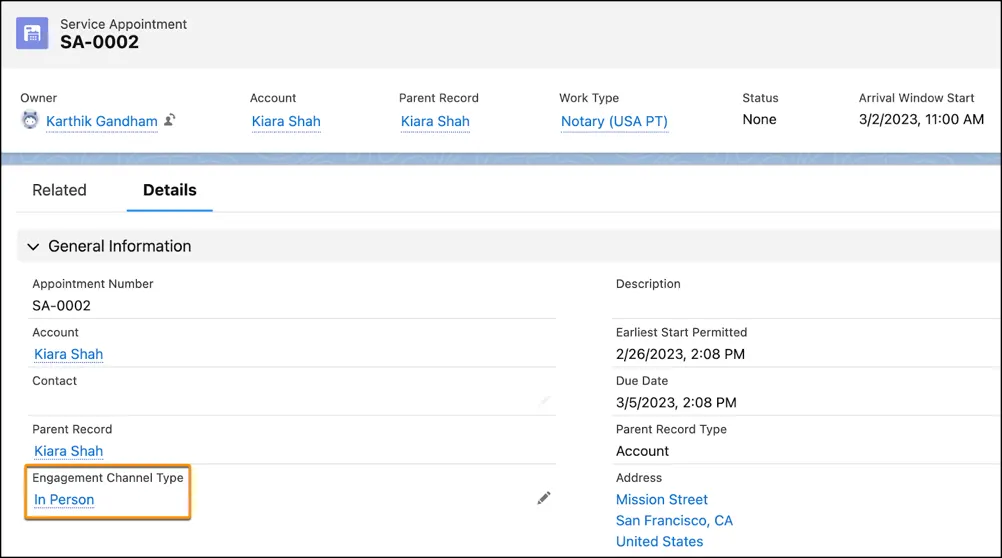 The Service Appointment page with the engagement channel type field highlighted.