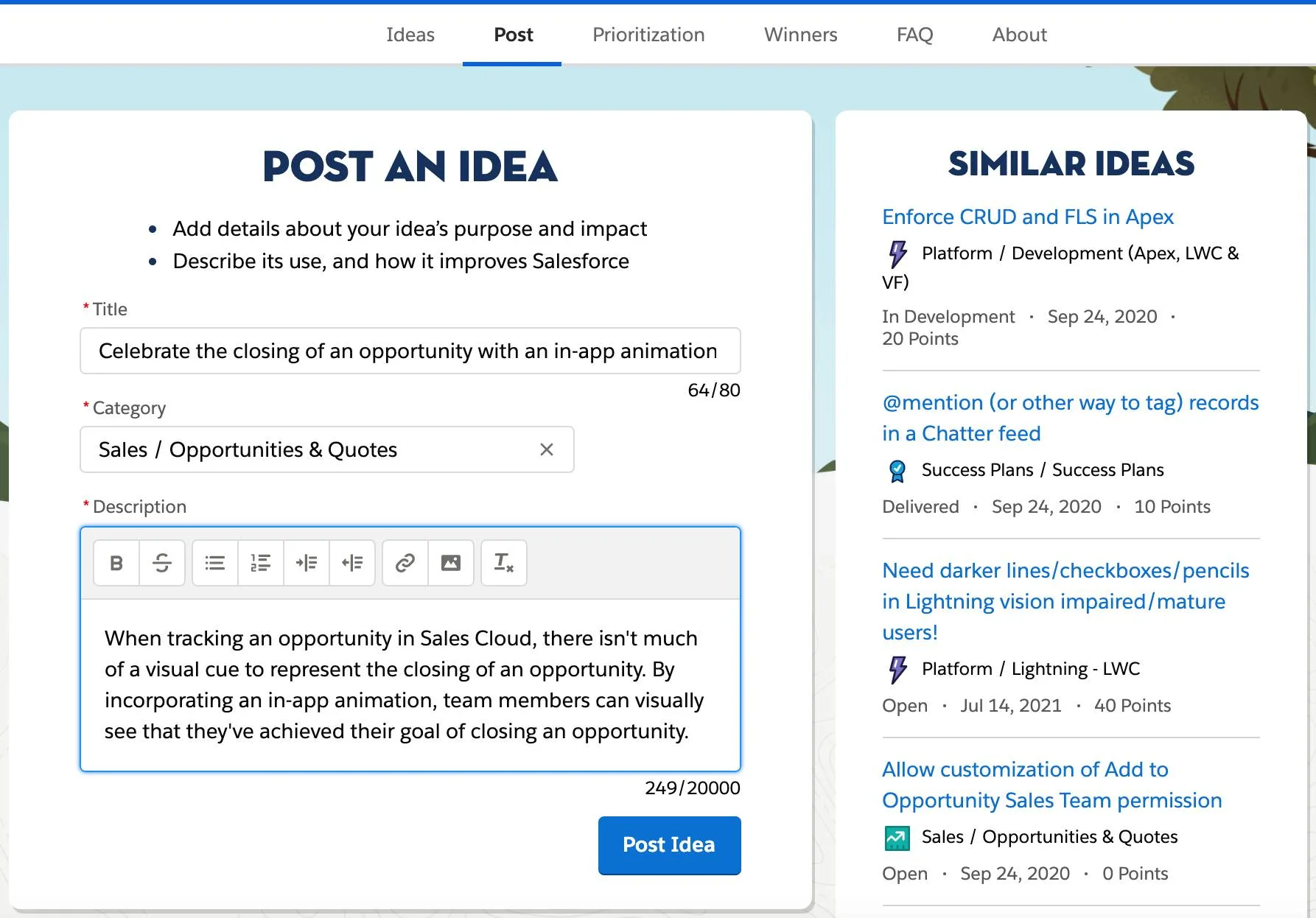 Idea post form with title, category, description, and similar ideas populated]