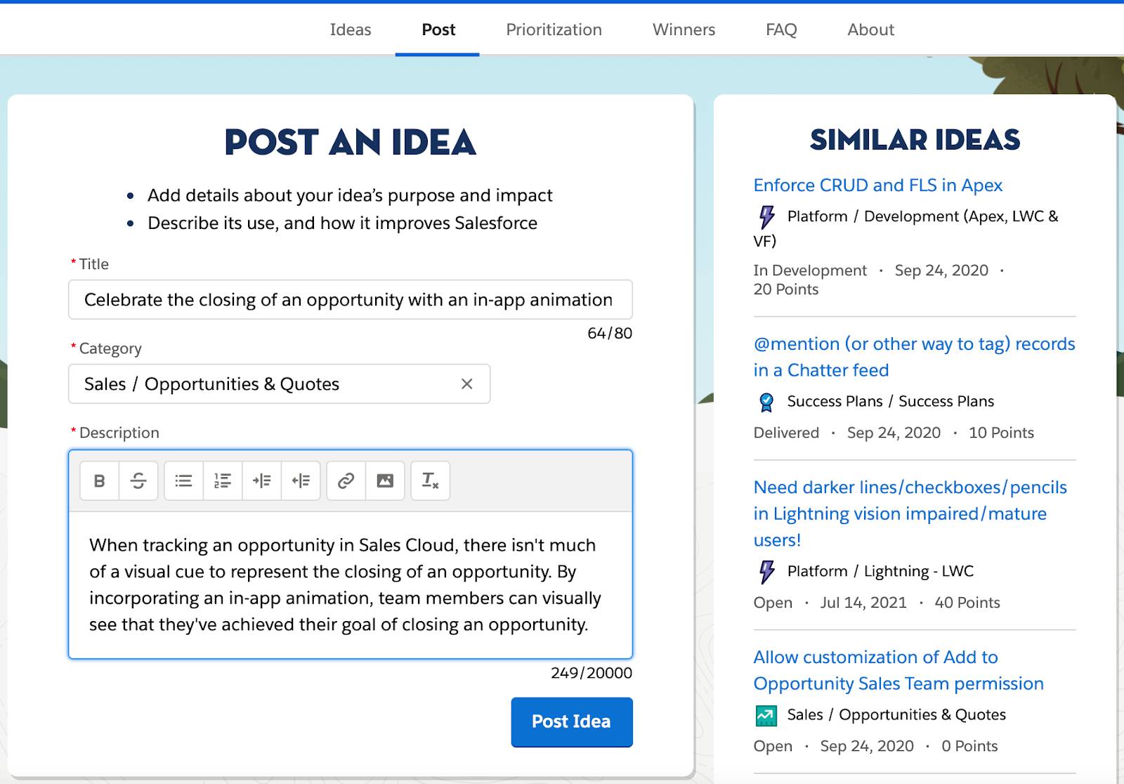 Idea post form with title, category, description, and similar ideas populated
