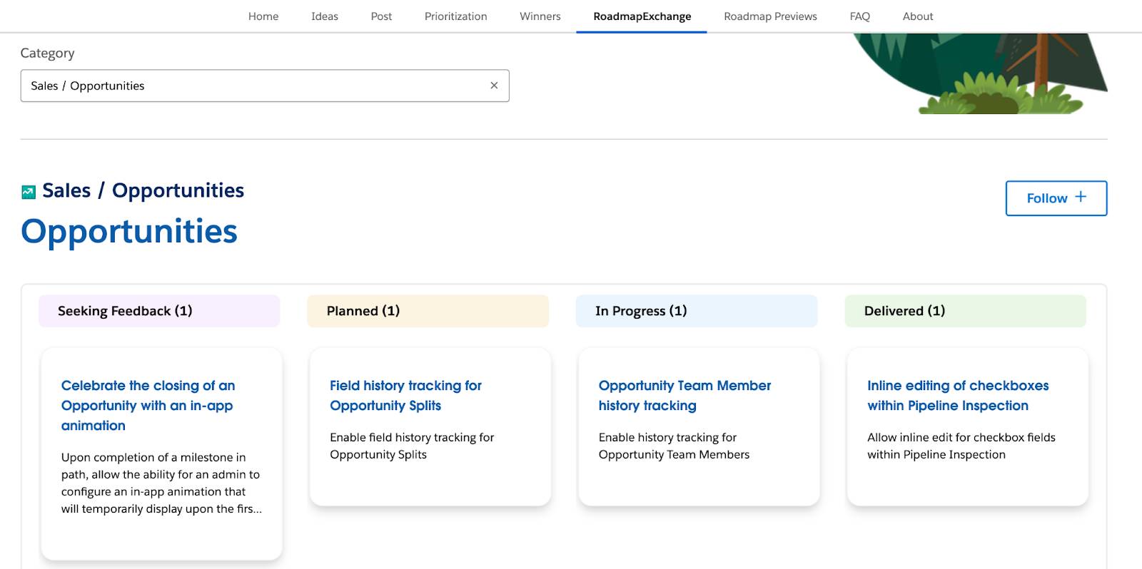 The RoadmapExchange section of IdeaExchange shows the Sales Cloud roadmap for Opportunities