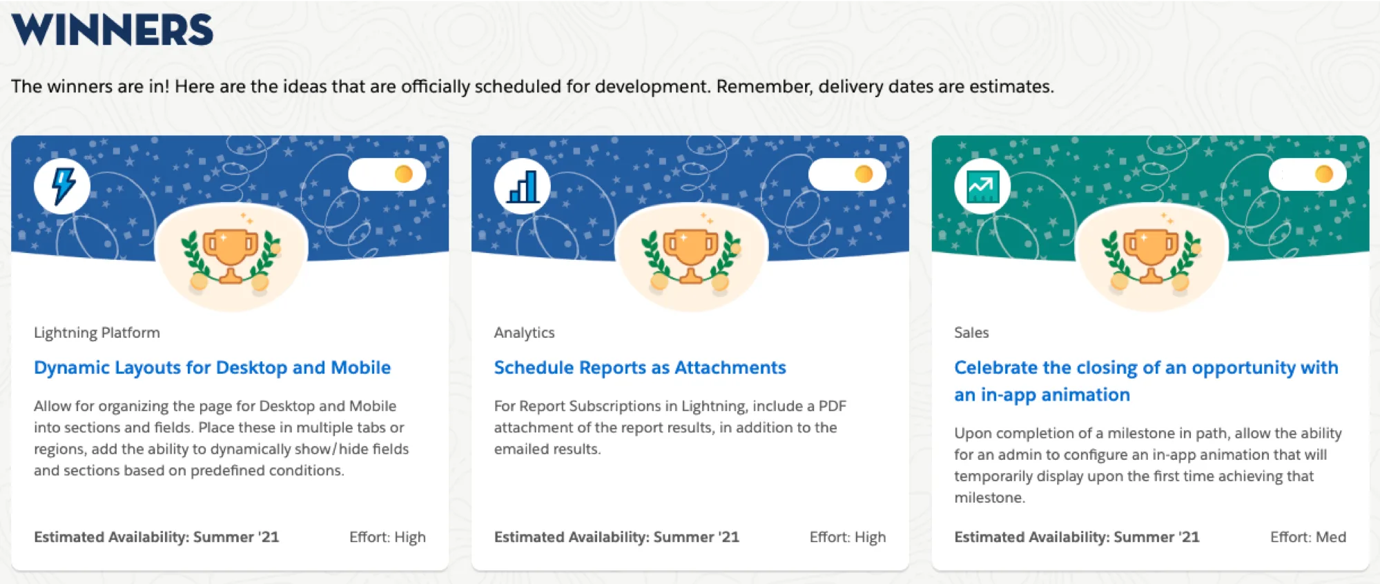 The Winners section of the IdeaExchange Prioritization page shows information cards for the winning ideas from the latest prioritization cycle