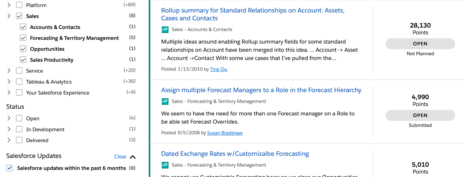 The Ideas page filtered by Sales Cloud ideas that have an update from Salesforce within the past 6 months