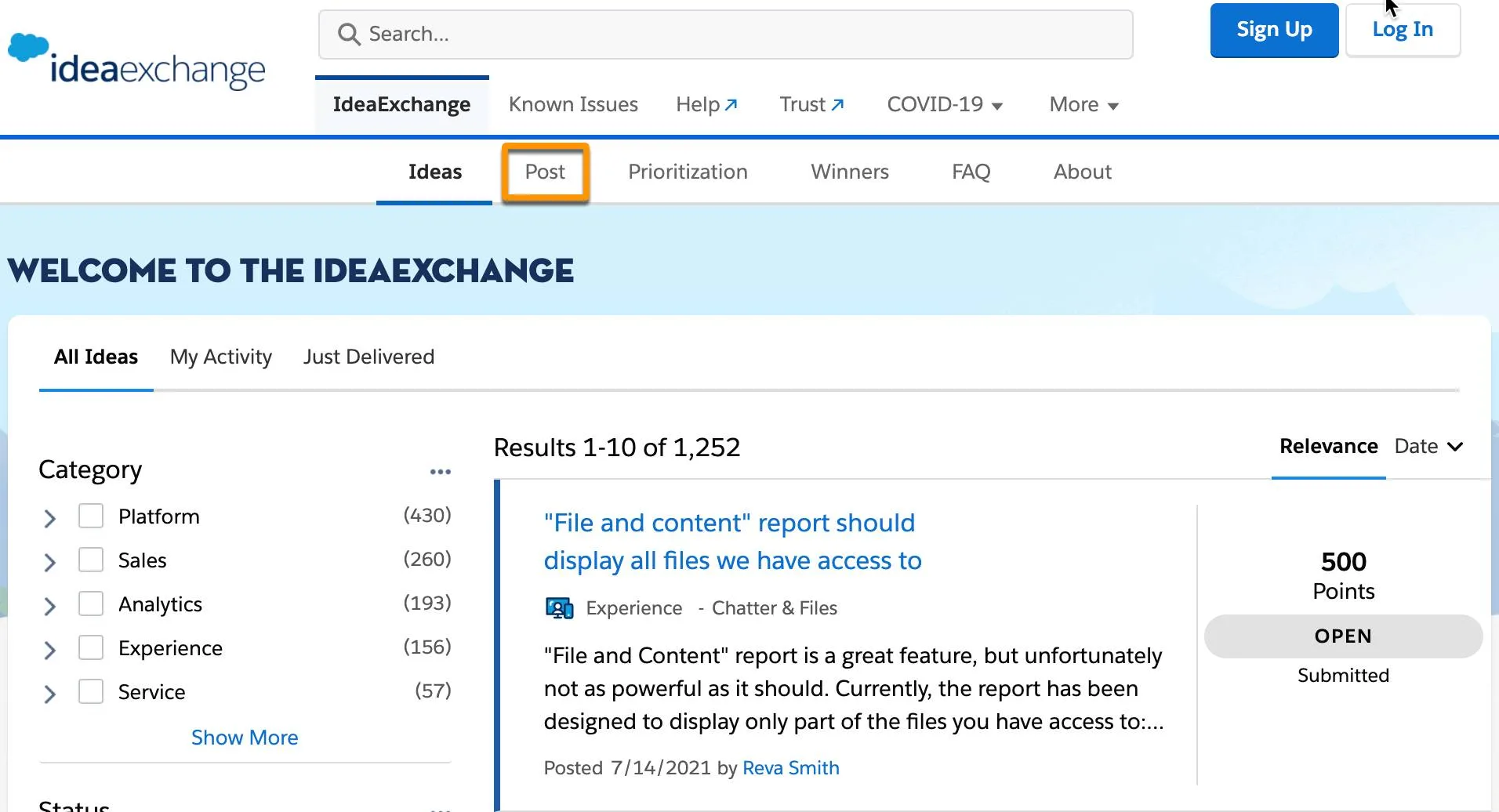 The IdeaExchange homepage at ideas.salesforce.com shows all ideas, category filters, my activity and just delivered tabs, and a Post tab at the top of the page