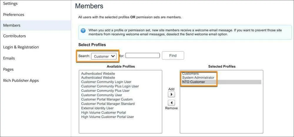 Capture d’écran présentant l’attribution de profils aux membres